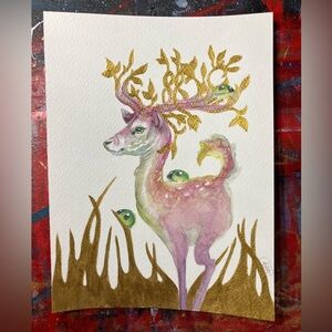 Original painting Art Deer gold accents Antlers Mystical Whimsical by Artettina